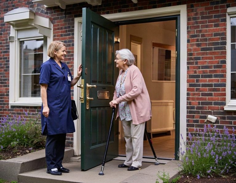 woman answering door to carer